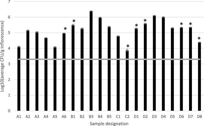 CFU levels [log10(CFU/g inflorescence)] detected from four farms designated A, B, C and D. Consecutive numbers after each individual farm indicate different samples of inflorescences taken from that farm. Samples D1 and D2 represent dried inflorescences. Asterisks indicate MC inflorescence that were asymptomatic, all other samples exhibited varying degrees of disease symptoms. Bars represent SE of the mean of 3 replicates per sample. The gray line represents maximum levels of total yeasts and molds permitted according to protocols of the IMCA for commercial MC inflorescences (2000 CFU/g)