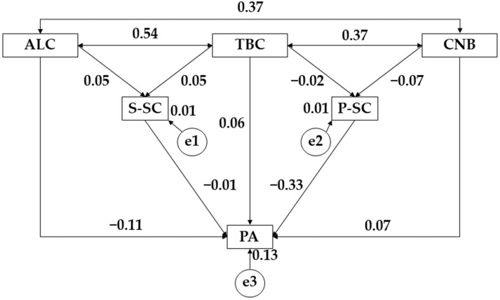 Proposed structural equation for the general survey population. Note: alcohol (ALC); tobacco (TBC); cannabis (CNB); social self-concept (S-SC); physical self-concept (P-SC); physical activity (PA).