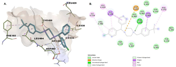 (A) 3D binding conformation of buclizine into FAAH binding site; (B) 2D diagram of protein-ligand interactions between FAAH and buclizine.