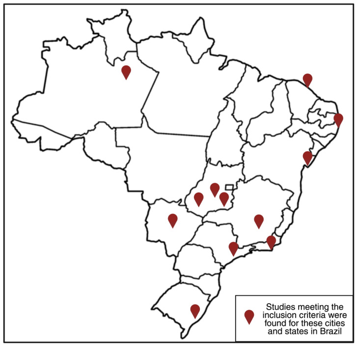 Geographic distribution of studies on mental health and social determinants among travestis and transgender women across Brazilian cities and states.