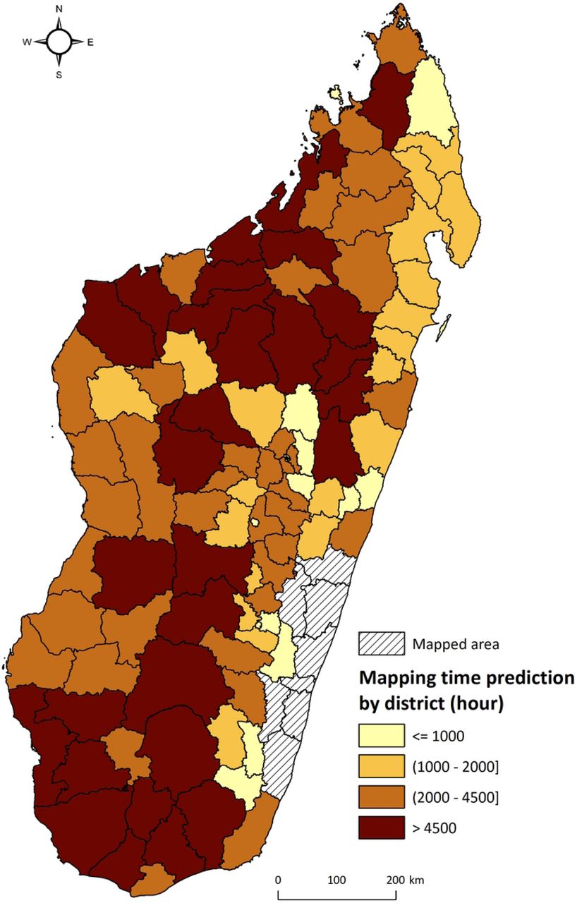 Prediction of mapping time by district in Madagascar. Colors represent the time needed for complete mapping, classified into four classes: ≤ 1000, 1000-2000, 2000-4500 and >4500 hours. Districts in white represent districts already mapped in this study.