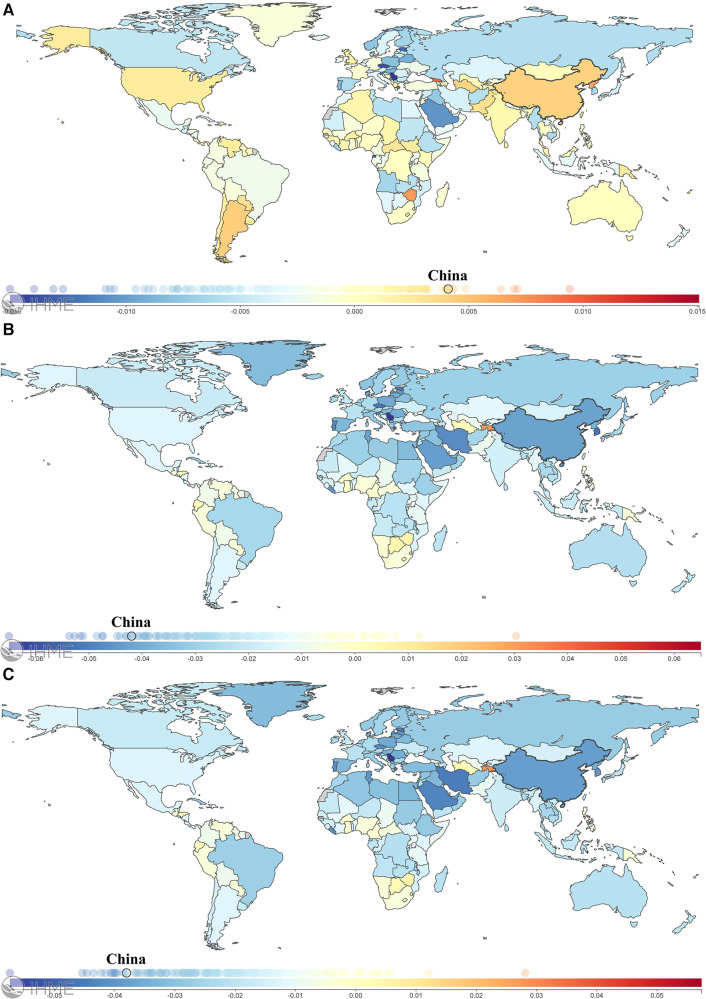A world map of the changes in age-standardized incidence (A), mortality (B), and DALY (C) rates for CBDs between 1990 and 2019. DALYs, Disability-Adjusted Life Years. Figures from the Institute for Health Metrics and Evaluation (IHME), an independent global health research center at the University of Washington (cited from: https://vizhub.healthdata.org/gbd-compare/).