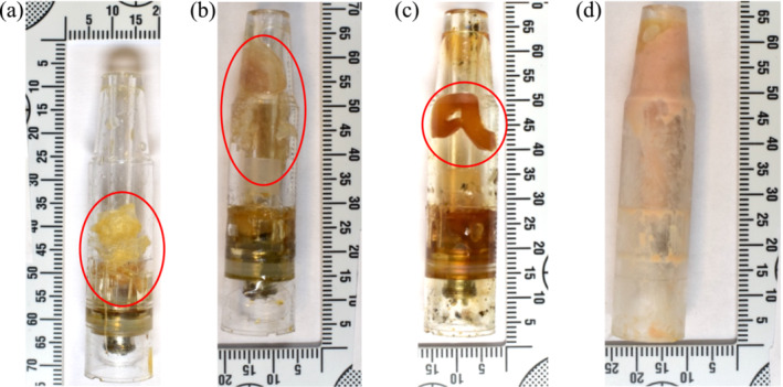 Examination photographs of samples with vape pods containing waxy‐ or putty‐like materials seized from the Scottish prisons: (a) FL23/0229, (b) FL23/0232, (c) FL23/0293, and (d) FL23/0311. The waxy‐ or putty‐like materials are circled in red apart for in (d) where the putty‐like material is throughout the whole vape pod.