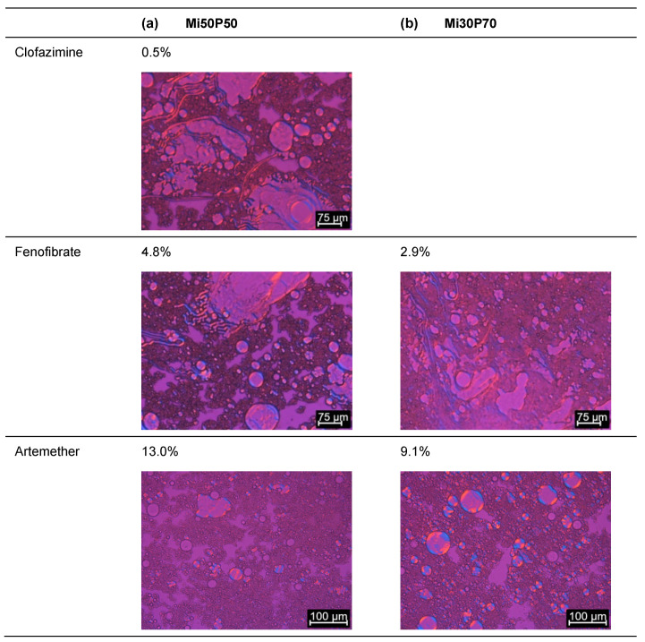 Images recorded through the polarizing microscopy of the pellet of (a) Mi50P50 and (b) Mi30P70. The loaded formulations were dispersed and centrifuged, and the pellet was examined. In each case, formulations were evaluated in which no drug crystals could be detected in the bulk formulation (loaded at 23 °C). Drug crystals are marked by arrows.