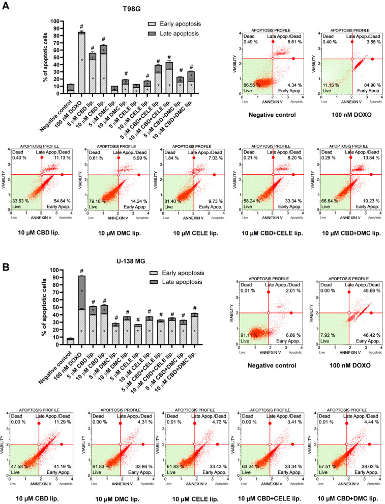 Apoptosis of T98G (A) and U-138 MG (B) cells treated with liposomal nanoformulation of CBD, DMC, and CELE and their combinations and blank liposomes for 24 h. Doxorubicin (DOXO) served as a positive control, and non-treated cells were the negative control of the assay. Values are expressed as mean ± SEM from two independent experiments. An asterisk (*) indicates the values significantly different from the untreated control cells with p < 0.05. A hashtag (#) above the bar indicates statistically significant differences compared to the untreated control for total apoptotic cells. Representative histograms are also presented.