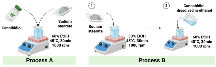 Schematic illustration of feed preparation methods prior to spray drying. In Process A, cannabidiol (CBD) and sodium stearate (NaSt) were directly mixed in 60% (v/v) ethanol under heating, followed by spray drying at 80 °C inlet temperature, 0.30 m3/min blower rate, and 60 kPa atomizing pressure. In Process B, ① NaSt was first dissolved in an ethanol–deionized water mixture under heating, and ② CBD predissolved in ethanol was gradually added to minimize thermal exposure, followed by spray drying at 100 °C inlet temperature, 0.45 m3/min blower rate, and 100 kPa atomizing pressure. Created with BioRender.com, Jeong, J. (2026) https://BioRender.com/owkkcbl.