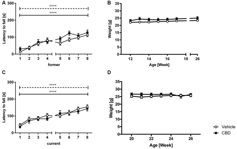 CBD treatment does not influence motor performance of C57BL/6J mice. Latency to fall (A) and weight (B) for former CBD-treated C57BL/6J mice. No significant treatment effect between vehicle and CBD in the current treated group (C). Both groups showed an increased latency to fall over the training trials. No significant difference in weight in the current treatment group (D). s = seconds, n = 14–19, ****p < 0.0001; two-way repeated measures analysis of variance (ANOVA) followed by Bonferroni multiple comparisons. Data presented as mean ± SEM.