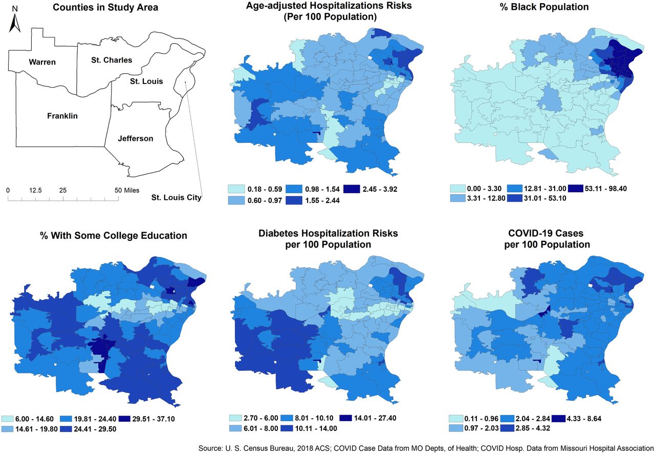 Geographic distribution of ZCTA-level COVID-19 age-adjusted hospitalization risks and its significant predictors in the St. Louis area, Missouri.