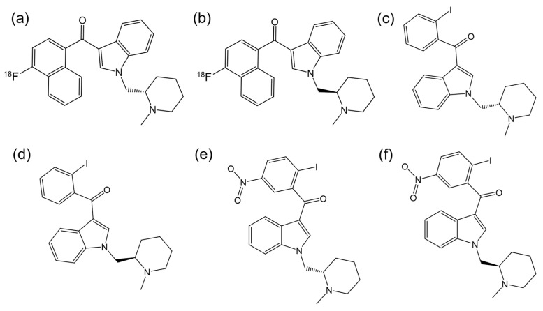 Chemical structures of (a) S-enantiomer of 3-(4-fluoronaphthoyl)-1-(N-methylpiperidin-2-ylmeth-yl)indole; (b) R-enantiomer of 3-(4-fluoronaphthoyl)-1-(N-methylpiperidin-2-ylmeth-yl)indole; (c) S-AM2233; (d) R-AM2233; (e) S-AM1241; (f) R-AM1241. (ChemDraw® Professional 18.0.).
