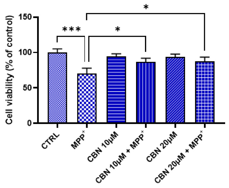 CBN was able to attenuate the MPP+-induced loss of cell viability. CBN was not cytotoxic at both concentrations. An amount of 1 mM MPP+ reduced cell viability, but CBN pre-treatment counteracted the MPP+ toxicity (n = 3). Of note, MTT assay evaluates the number of metabolically active cells, which can be used to estimate the cell viability. Possible variables and confounding factors should be taken into consideration when interpreting the results. * p < 0.05; *** p < 0.001.