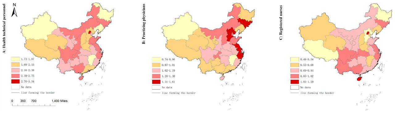Number of HR for PHC per 1,000 capita in the six regions in 2021. A, B, and C correspond respectively to health technical personnel, practicing physicians, registered nurses