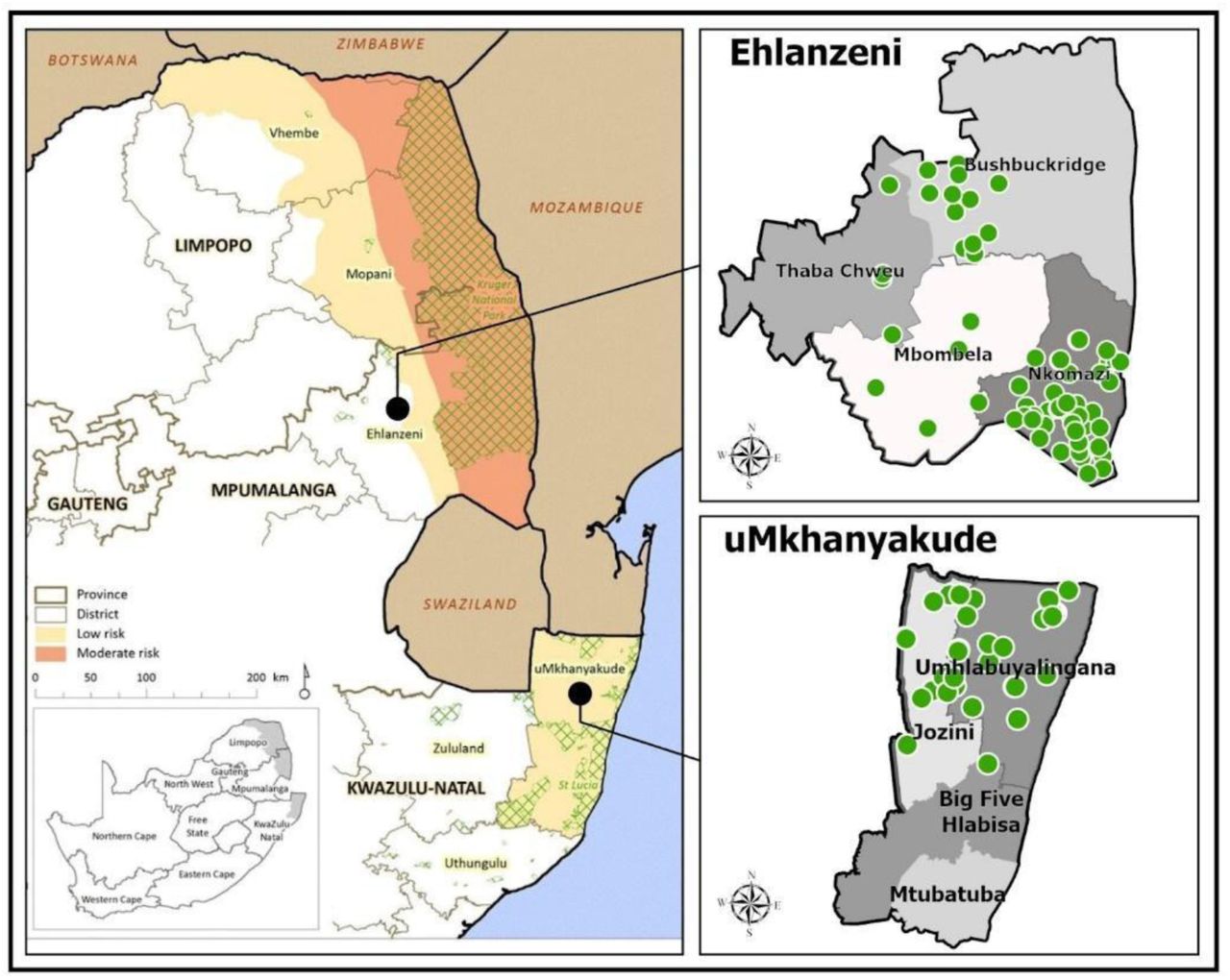 Malaria transmission areas in South Africa with the healthcare facilities (highlighted in green) sampled from a) Ehlanzeni and b) uMkhanyakude district municipalities.