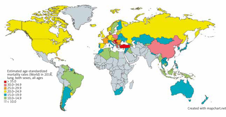 Map showing estimated age-standardized mortality rates for lung cancer worldwide in 2018, in both sexes including all ages. Created with mapchart.net. Data obtained from Globocan 2018 [5]