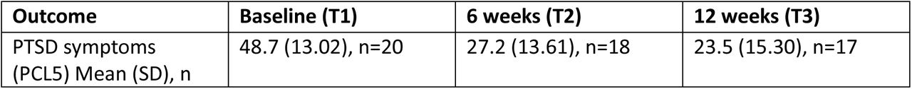 Veteran PETT FIRST therapy treatment outcome scores at Eligibility/Baseline (T1), Week 6 Post-baseline (T2), and Week 12 Post-baseline (T3) on total sample (n=20)