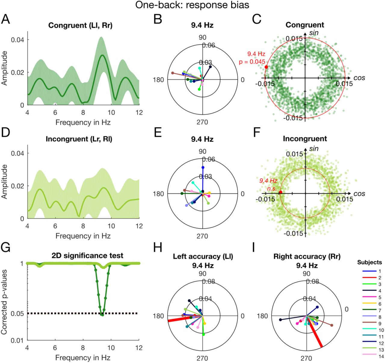 Results of the one-back analysis for response bias with individual subject data. (A) Amplitude spectrum for the congruent trials computed based on the individual estimates of β1 and β2 averaged across participants. The shaded area around the dark green line indicates ±1 SEM. By the same method, we computed the amplitude spectrum with incongruent trials; the results can be inspected in panel (D). (B) Individual phase and amplitude vectors (at noise onset, i.e., phase reset) based on congruent trials at 9.4 Hz. The subjects are coded with the same colours as in Fig. 4C. The individual vectors for incongruent trials at 9.4 Hz are shown in (E). (C) The joined distribution of maximal vectors for congruent trials. The p-value reflects the proportion of vectors that exceed the group mean (red dot); in practice, that is the number of green points falling outside the red circle. The joined distribution of maximal vectors for incongruent trials is shown in (F). (G) The computations in (C&F) were done for every tested frequency between 4-12 Hz in 0.1-Hz steps. The dark and light green lines depict the corrected p-values for congruent and incongruent trials, respectively. The black dotted line indicates α = 0.05 (corrected for multiple comparisons). (H) As a post-hoc test, we split the congruent trials further into trials that contained a left target and trials that contained a right target and tested their phase relationship using circular statistics. At 9.4 Hz observers showed very strong phase coherence for both ears. Here, we plot the individual phase and amplitude vectors for congruent trials containing a target in the left ear. The thick red line indicates the direction of the mean vector (with unit length) which is close to 180°. (I) The individual phase and amplitude vectors at 9.4 Hz for congruent trials containing a right target. The direction of the mean vector is ∼300°.