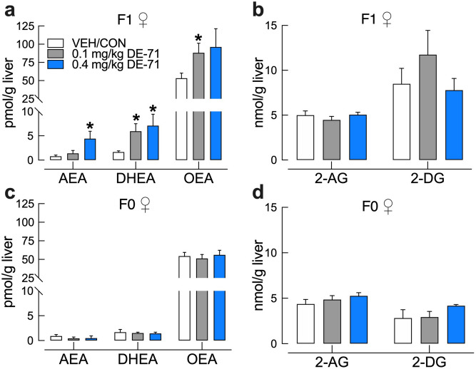 DE-71 exposure increases hepatic levels of endocannabinoid (EC) and related fatty acid-ethanolamides in exposed F1 but not F0 female mice. Post mortem liver tissue was analyzed using UPLC/MS/MS. Perinatal (a, b) but not adult exposure to DE-71 (c,d) produced elevated levels of hepatic ECs and fatty acid-ethanolamides. F1 exposed to 0.1 mg/kg displayed elevated DHEA and OEA (a). F1 exposed to 0.4 mg/kg showed elevated AEA (Anandamide), a primary EC, and DHEA. No significant differences were detected after adult exposure to DE-71 in F0 (c,d). The other primary EC, 2-AG and 2-DG did not exhibit changes in DE-71 exposed F1 (b) or F0 mice (d). *Indicate significantly different from VEH/CON (*P < .05). Bars and error bars represent mean ± s.e.m. n = 6–16/group for F1 and n = 3–5/group for F0. Dunnett’s T3 and Tukey’s post-hoc test was used. AEA arachidonoylethanolamide (Anandamide), DHEA docosahexanoyl ethanolamide, OEA n-oleoyl ethanolamide, 2-AG 2-arachidonoyl-sn-glycerol, 2-DG monoacylglycerol 2-docosahexaenoyl-sn-glycerol, F1 female offspring, F0 dams.