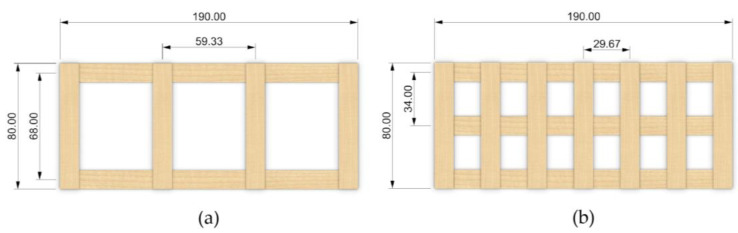 Veneer lattices produced: (a) Low-density lattice; (b) High-density lattice (dimensions in mm).