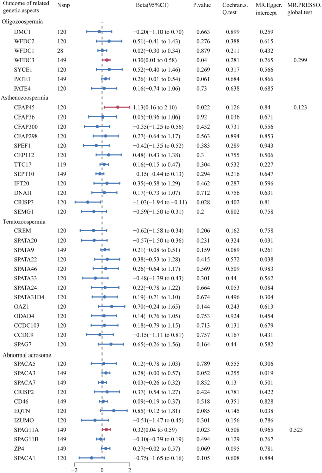 Forest plot of MR estimated between sedentary behavior and semen quality related genetic aspects. The figure showed the IVW estimates of significantly sedentary behavior-associated semen quality–related genetic aspects (WFDC3, CFAP45, and SPAG11A). The dots represent the IVW estimates, and the bars represent the 95% confidence intervals of IVW estimates.