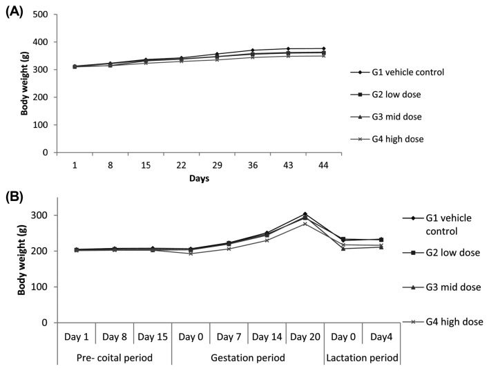 Effect of graded doses of Tetrahydrocurcumin in reproductive/developmental toxicity study. (A) Average body weights of male rats in the reproductive/developmental toxicity study. (B) Body weight of female rats in the reproductive/developmental toxicity study.