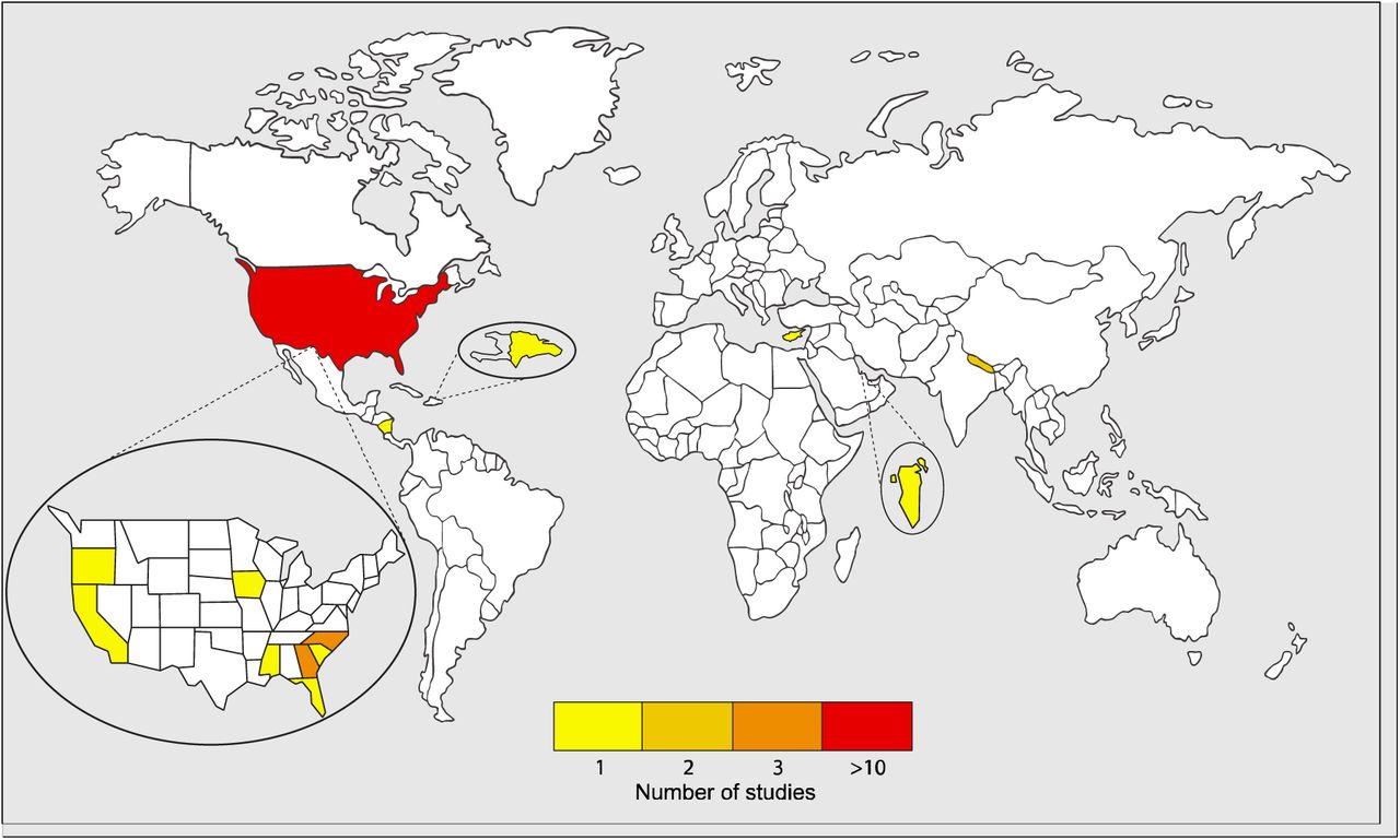 Global distribution of included studiesFigure shows that most studies are distributed in North America. Other studies are in Costa Rica (n=1) (47), The Dominican Republic (n=1)(43), Cyprus (n=1)(17), Bahrain (n=1)(34), and Nepal (n=2)(39, 49). Within North America, 3 studies were conducted in Georgia (40, 41, 45), 3 in North Carolina (37, 38, 44), and 1 in each of Florida, Iowa, California, Mississippi, South Carolina, and Oregon (33, 35, 36, 42, 46, 48).