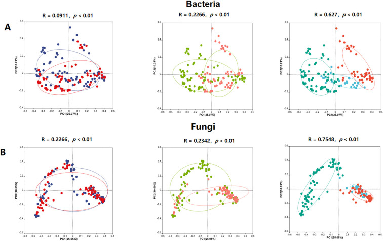 Six scatter plots displaying PCA results for bacteria and fungi, with two rows labeled A and B. The first row shows bacteria with R-values of 0.0911, 0.2266, and 0.627, all significant at p < 0.01. The second row shows fungi with R-values of 0.2266, 0.2342, and 0.7548, also significant at p < 0.01. Points are color-coded and ellipses represent confidence intervals.