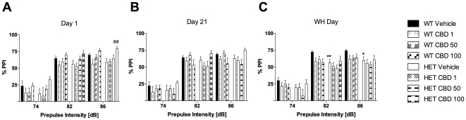 Sensorimotor gating after injection of CBD.A–C: % PPI on days 1, 21 and treatment withheld (WH) day. Data represent means+S.E.M. Significant one-way ANOVA (split by corresponding factor) results are shown: ## P<0.01 (vs. vehicle of corresponding genotype), * P<0.05, ** P<0.01 (vs. WT receiving corresponding treatment).
