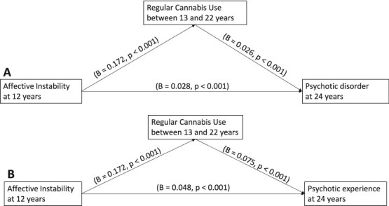 Two schematic path diagrams (A and B) illustrate associations between affective instability at age 12, regular cannabis use between ages 13 and 22, and psychosis outcomes at age 24. A: Affective instability at 12 years is positively associated with regular cannabis use between 13 and 22 years (beta = 0.172, p less than 0.001). Regular cannabis use is positively associated with psychotic disorder at 24 years (beta = 0.026, p less than 0.001). A direct path from affective instability to psychotic disorder is also shown (beta = 0.028, p less than 0.001). B: Affective instability at 12 years is positively associated with regular cannabis use between 13 and 22 years (beta = 0.172, p less than 0.001). Regular cannabis use is positively associated with psychotic experiences at 24 years (beta = 0.075, p less than 0.001). A direct association between affective instability and psychotic experiences is also depicted (beta = 0.048, p less than 0.001). Arrows indicate the direction of associations, with standardized beta coefficients and p-values shown for each path.
