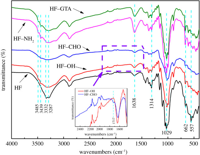 FTIR spectra of HF, HF–OH, HF–CHO, HF–NH2 and HF–GTA.