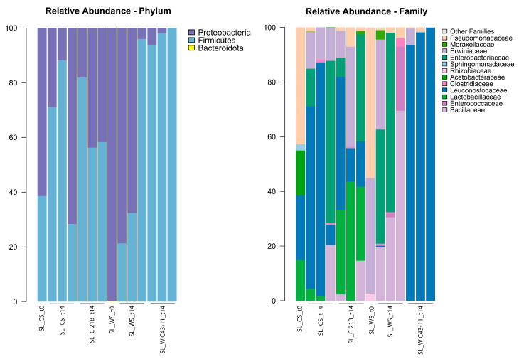 Composition of the microbial communities of the SL formulations and at the various sampling times. Specifically, the relative abundance of all bacterial phyla (on the left) and of the bacterial families with a relative abundance > 0.5% in at least 1 sample (on the right) is represented.