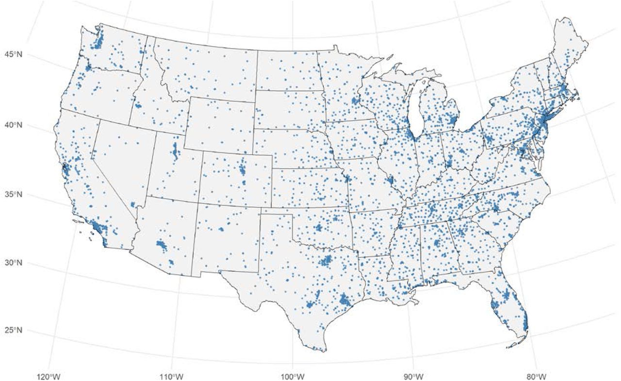 Locations (N = 6,236) offering SARS-CoV-2 testing in the 48 contiguous United States and DC.