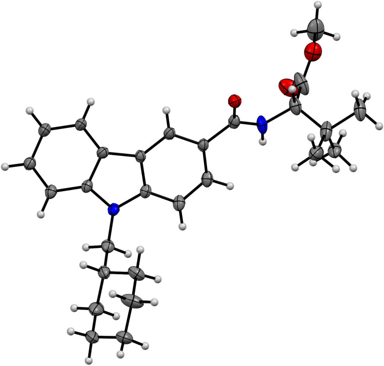 Molecular structure of (S)-3 in the solid state at 110 K (ORTEP-ellipsoids drawn at 30% probability, C black, H gray, N blue, O red).