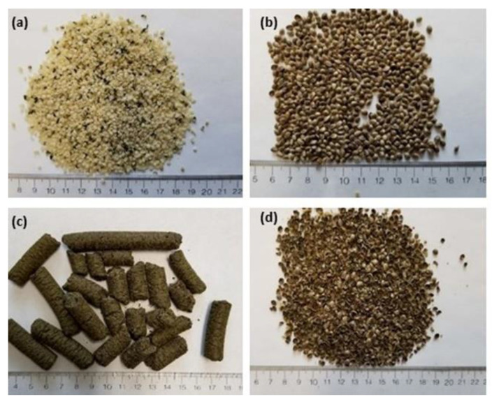 Research material. (a) hemp hearts, (b) whole hemp seeds, (c) hemp cakes and (d) hemp seed hulls.