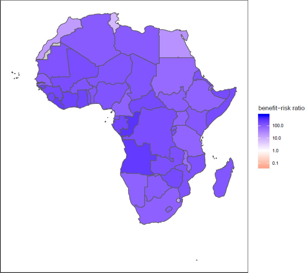 Benefit-risk ratio of vaccines delivered in the fourth vaccination-related clinical visit (1-dose MCV1, RCV1, MenA, YFV) for children at 9-months of age during the COVID-19 pandemic in Africa.The central estimates for benefit-risk ratio at the household level show the child deaths averted by continuing the routine childhood immunisation programmes (1-dose MCV1, RCV1, MenA, YFV for 9-month-old children) per excess COVID-19 death caused by SARS-CoV-2 infections acquired in the vaccination service delivery points. Benefit-risk ratio above 1 indicates in favour of sustaining the routine childhood immunisation during the COVID-19 pandemic.