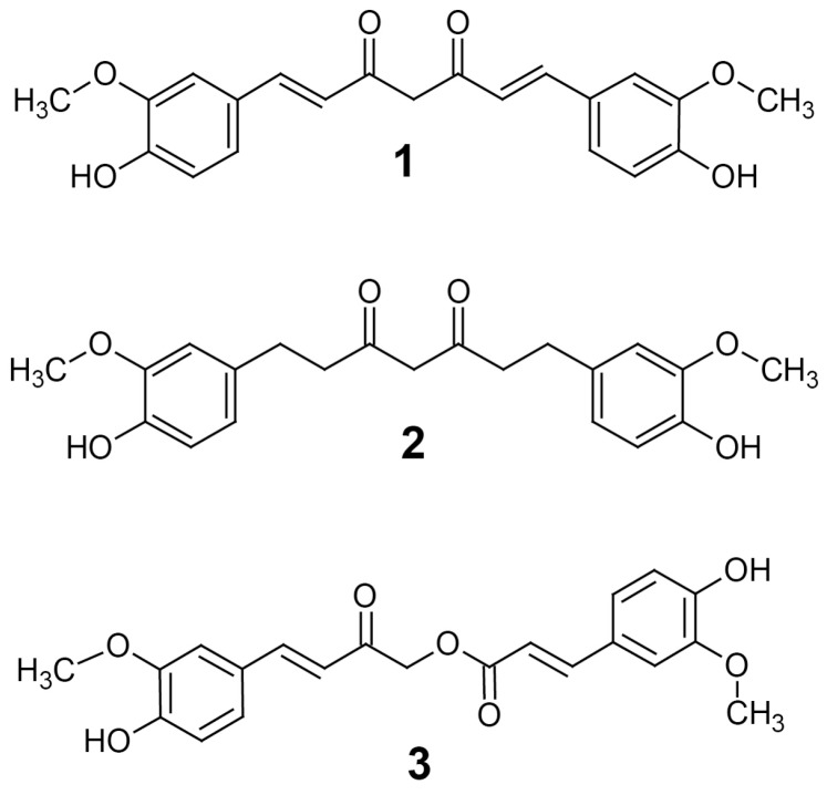The structures of curcuminoids curcumin (1), tetrahydrocurcumin (THC) (2) and calebin-A (3). Both THC and curcumin are shown in the keto tautomer.