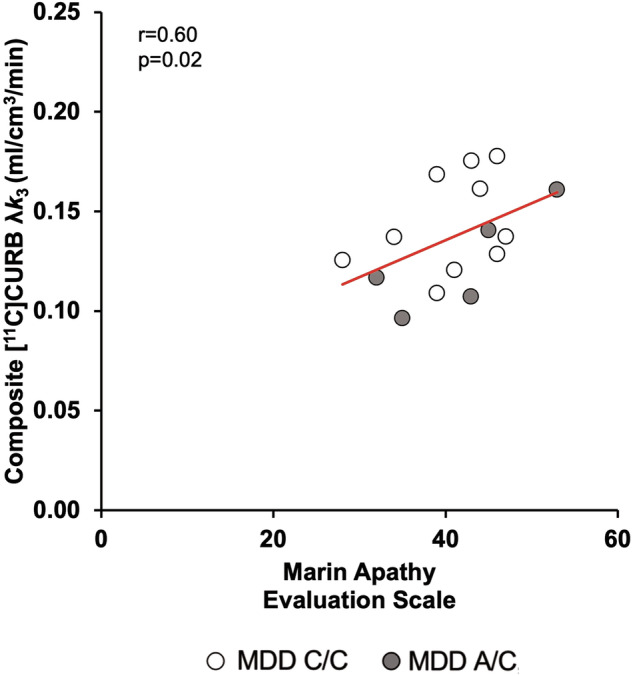 Positive correlation between Marin Apathy Evaluation Scale (MAES) scores and a composite region of [11C]CURB λk3 in the MDD group.MDD participants who had higher MAES scores also had greater [11C]CURB λk3 binding in a composite region sampling the medial prefrontal cortex, orbitofrontal cortex, anterior cingulate cortex, ventral striatum, substantia nigra, and remainder of midbrain (r = 0.60, p = 0.02).