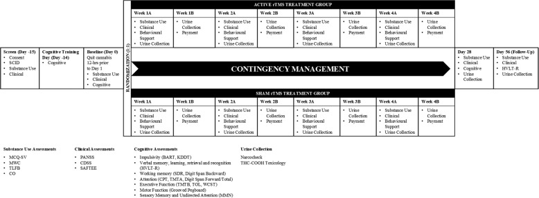 Study timeline and assessment schedule.Participants found eligible after an in-person screen, completed Cognitive Training Day (exclusive of MMN), followed by a 2-week lead-in phase including a Baseline (Day 0) in which a cognitive battery, MMN, and clinical and substance use outcomes were assessed. They were then randomized into either active or sham rTMS treatment, Monday to Friday over 4 consecutive weeks, during which assessments were completed to monitor clinical symptoms and substance use. Behavioral support was also provided at these sessions. Contingency management was used to reinforce participants’ attendance. The same battery of assessments as on Baseline was then completed on Day 28 (post session). A brief session was also completed on Day 56 (Follow-Up session). CDSS, Calgary Depression Scale for Schizophrenia; CPT, Continuous Performance Test; F/U, Follow-Up; HVLT, Hopkins Verbal Learning Test-Revised; KDDT, Kirby Delay Discounting Task; MMN, Mismatch negativity; PANSS, Positive and Negative Symptom Scale; rTMS, repetitive transcranial magnetic stimulation; SCID, Structured Clinical Interview; SDR, Spatial Delayed Response Test; TMT, Trail Making Test; WCST, Wisconsin Card Sorting Test.