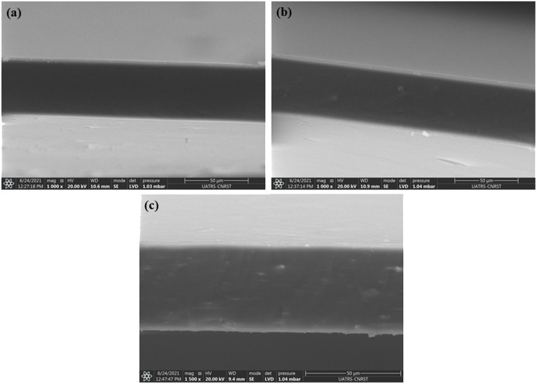 SEM micrographs from the cryo-fractured surfaces of CS/PVA films reinforced with 0 wt% CNC (a), 1 wt% CNC (b), and 5 wt% (c) CNC.