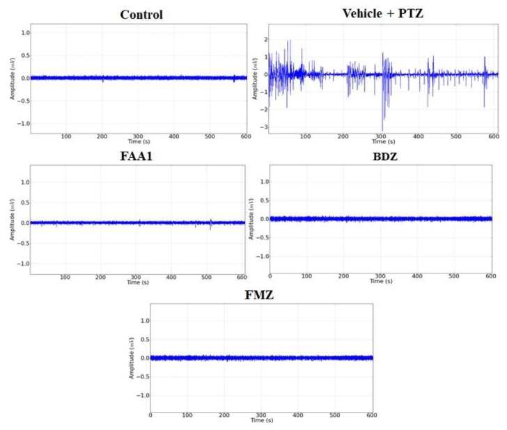 Representative data of electrocorticographic tracing for control, vehicle + PTZ (60 mg/kg), FAA1 (300 mg/kg), BDZ (5 mg/kg) and FMZ (0.1 mg/kg), lasting 600 s.