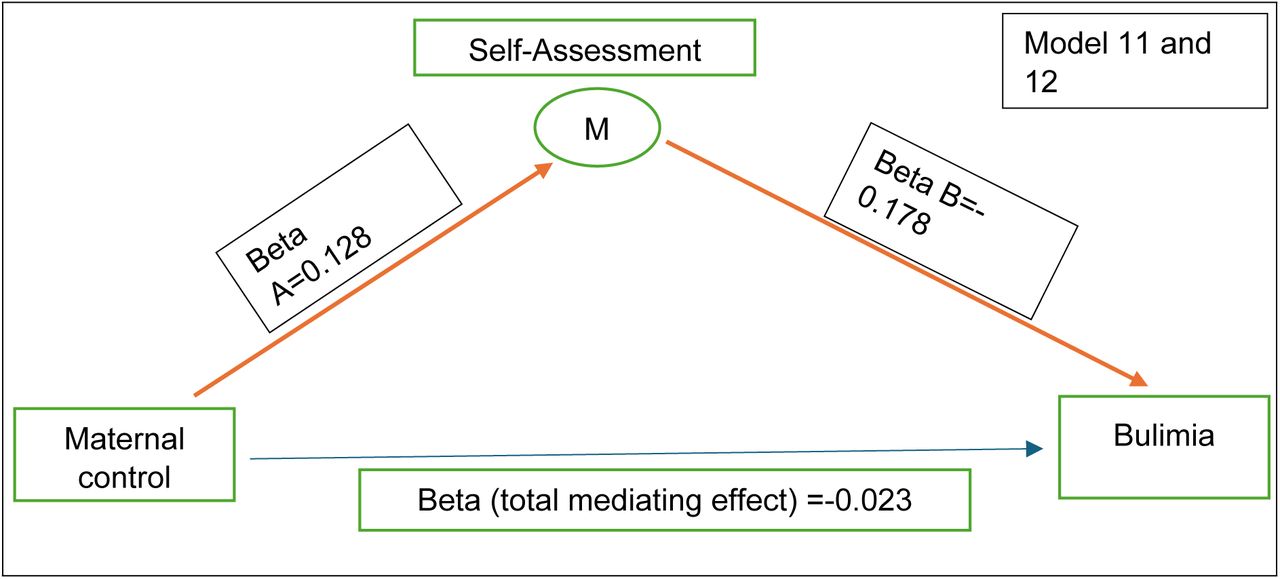 Mediating effect of Self-Assessment (SA) dimension on Eating dimension on bulimia in terms of maternal control (Red bold arrows illustrate the significant relationships)