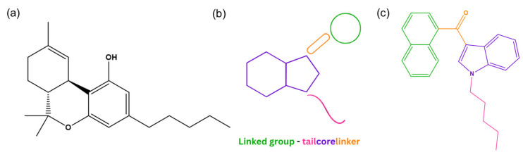 Structure of Δ9-THC (a), structural model of synthetic cannabinoids (b), and structure of JWH-018 (c). (ChemDraw® Professional 18.0).