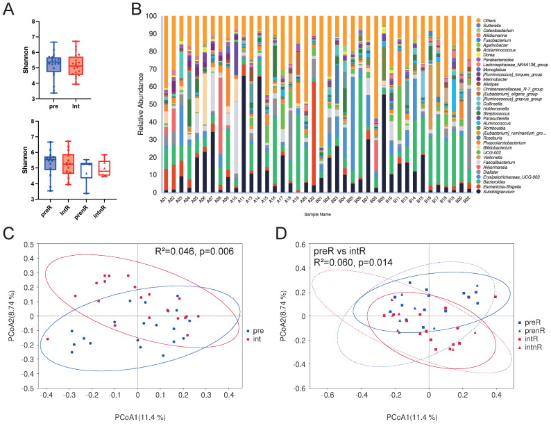 Group of graphs displaying microbiome analysis. Panel A shows box plots of Shannon diversity indices across different groups. Panel B presents a stacked bar chart illustrating the relative abundance of the top 35 genera in multiple samples, with a detailed legend identifying each taxon. Panel C features a PCoA plot comparing pre and int groups with R-squared and p-value annotations. Panel D displays a similar PCoA plot comparing different subgroups with specific R-squared and p-value annotations.