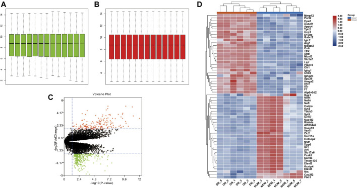 Standardization of GSE27382. (A,B) The green bar represents the data before normalization, and the red bar represents the data after normalization. (C) Volcano plots of DEGs in GSE27382. Red plots represent the upregulated genes with logFC > 2 and adjusted p-value < 0.05. Green plots represent the downregulated genes with logFC < −2 and adjusted p-value < 0.05. Black plots represent the remaining genes with no significant difference. (D) Heat maps of DEGs display of the most significant top 50 upregulated and downregulated genes.