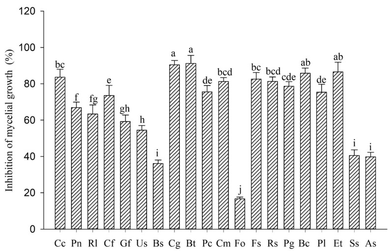 The effects of α- MG at 100 μg·mL−1 on the mycelial growth of 20 plant pathogenic fungi. Note: error bars represent the standard errors of the means of three replicates. Different letters within a column denote statistically significant differences (p < 0.05). Cc: Corynespora cassiicola, Pn: Phellinus noxius, Rl: Rigidoprus lignosu, Cf: Colletotrichum falcatum, Gf: Gibberella fujikuroi, Us: Ustilago scitamine, Bs: Bipolaris sacchari, Cg: Colletotrichum gloeosporioiles, Bt: Botryodiplodia theobromae, Pc: Phytophthora capsic, Cm: Colletotrichum musae, Fo: Fusarium oxysporum, Fs: Fusarium semitectum, Rs: Rhizoctorzia solani, Pg: Pyricularia grisea, Bc: Botrytis cinereal, Pl: Peronophythora litchi, Et: Exserohilum turcicum, Ss: Sclerotinia sclerotiorum, and As: Alternaria solani.