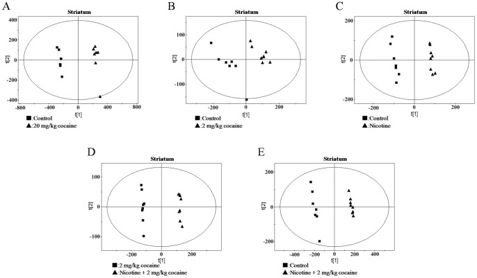 OSC-PLS scores plots of striatum from mice.(A) control vs. 20 mg/kg cocaine; (B) control vs. nicotine +2 mg/kg cocaine; (C) 2 mg/kg cocaine vs. nicotine +2 mg/kg cocaine; (D) control vs. nicotine; (E) control vs. 2 mg/kg cocaine.