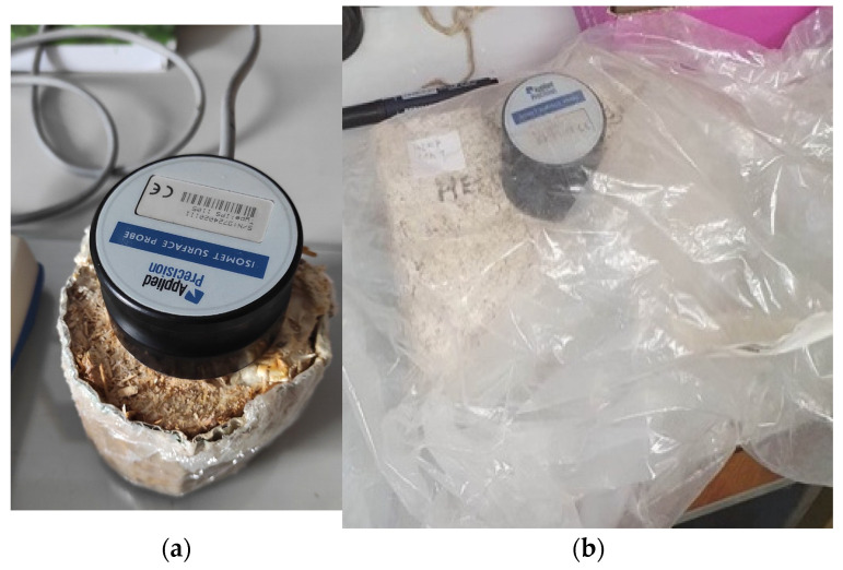 Measuring the thermal conductivity of the samples (a) the surface probe; (b) plastic foil covering for the samples.