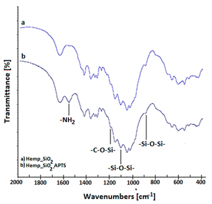 Spectra of (a) hemp fabric after functionalization with waterglass (Hemp_SiO2 sample), (b) the spectrum recorded after the functionalization with APTS (Hemp_SiO2_ APTS sample).
