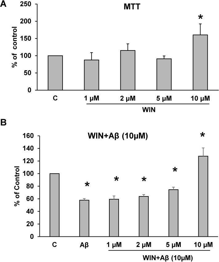 Astrocytes viability.(A) Astrocytes viability induced by WIN. Concentration-dependent viability of WIN (1, 2, 5, 10 μM) was determined by MTT assay for 24 h. Data are means ± SD for 4 independent experiments. *p<0.04 comparing WIN vs control cells. (B) Astrocytes viability in cells treated during 24 h with 10 μM Aβ40–1 (control peptide, C), 10 μM Aβ1–42 (Aβ) and WIN (1, 2, 5, 10 μM) + 10 μM Aβ1–42 (WIN + Aβ). Data are means ± SD of 3 independent experiments. *p<0.05 vs control cells.