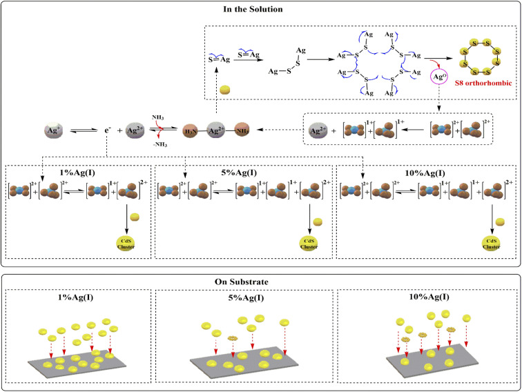 Mechanism of CdS formation doping with different ratios of Ag(i) ions (1, 5, and 10%) in the solution and on the substrates.