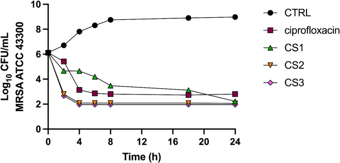 Time–kill analysis of CS extracts CS1, CS2, CS3 and ciprofloxacin at 4 × MIC against methicillin-resistant S. aureus (MRSA) ATCC 43,300 over a 24 h incubation period at 37 °C
