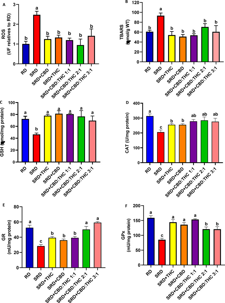 Liver oxidative stress biomarkers. A) reactive oxygen species (ROS). B) Thiobarbituric acid reactive substance (TBARS). C) glutathione (GSH). D) catalase (CAT). E) glutathione peroxidase (GPx) and F) glutathione reductase (GR). Values are expressed as mean ± SEM, n = 6. Bars that do not share the same letter are significantly different, (P < 0.05), when one variable at a time was compared by one-way ANOVA followed by Newman-Keuls´ test. ROS: F (DFn, DFd): 1.377 (6, 31), P value: 0.0254. TBARS: F (DFn, DFd):1.872 (6, 36), P value: 0.1127; GSH: F (DFn, DFd): 1.778 (6, 36), P value: 0.0131; CAT: F (DFn, DFd): 1.407 (6, 37), P value: 0.0237; GPx: F (DFn, DFd): 1.199 (6, 32), P value: 0.0332; GR: F (DFn, DFd): 1.633 (6, 32), P value: 0.0170